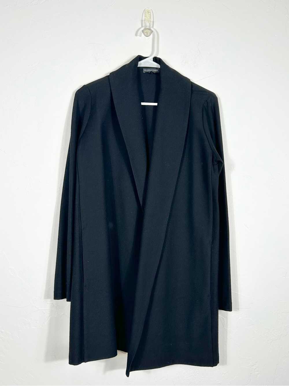 Eileen Fisher Minimalist Longline Open Front Knit Blazer Duster Sweater Black